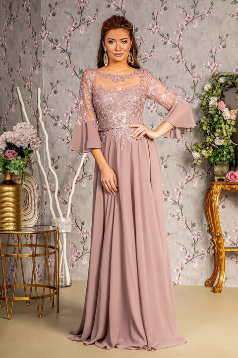 GLS Gloria GL3434 3/4 Sleeve A-Line Gown in Beaded Chiffon