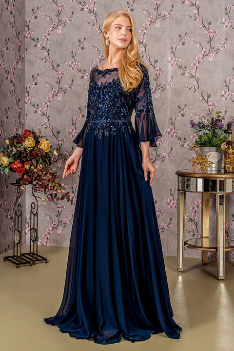 GLS Gloria GL3434 3/4 Sleeve A-Line Gown in Beaded Chiffon