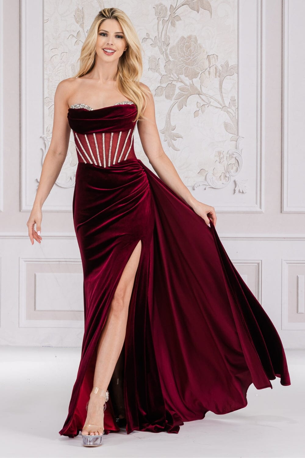 strapless burgundy velvet dress Fitted Strapless Velvet Gown By Cinderella Divine -CH176 main image 0