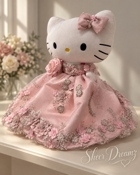 Blush pink Hello Kitty Sweet 15 keepsake in handmade floral gown