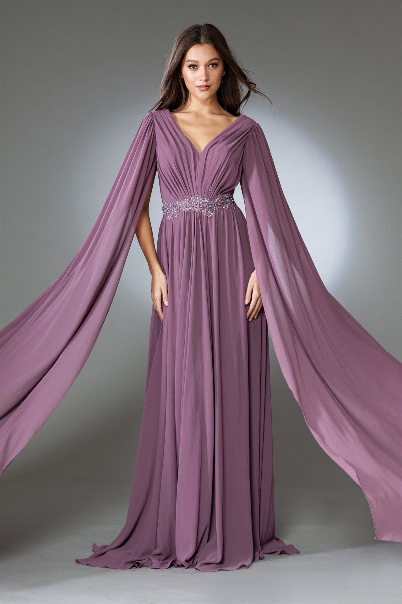 Amelia Couture AC0011 V-Neck Chiffon Gown with Cape Sleeves– sheerdreamz