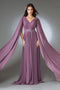 Amelia Couture AC0011 V-Neck Chiffon Gown with Cape Sleeves