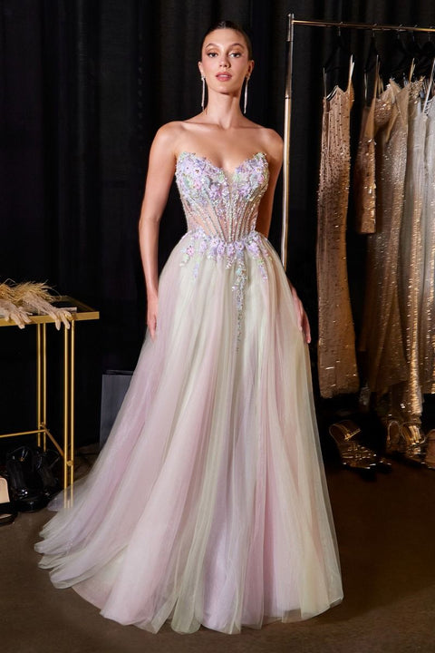 Ladivine CD2418 applique strapless a-line slit gown — product view