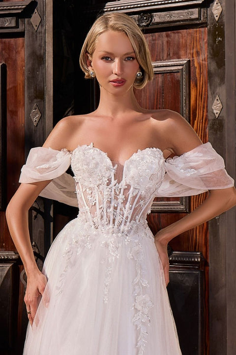 Ladivine CD2426W white applique off shoulder a-line gown — product view