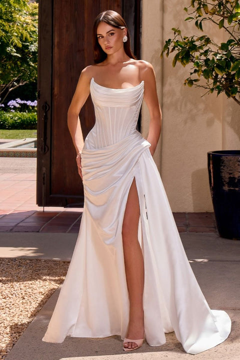 Ladivine CD636W white fitted strapless slit gown — front view