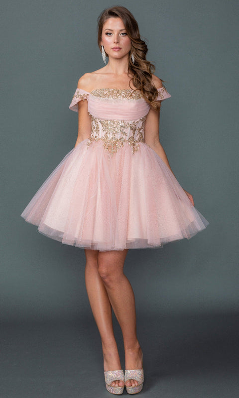 Dancing Queen 3433 Off Shoulder Sparkling Corset Short Homecoming Dress