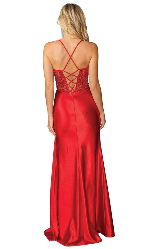 Dancing Queen 4439 - Lace-Up Sheath Gown with Slit