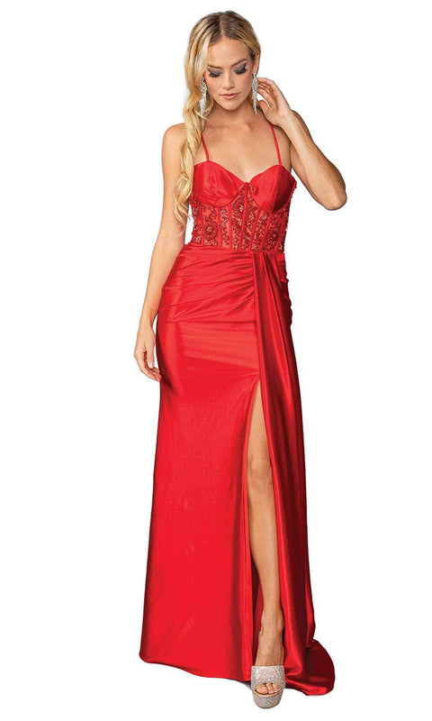 Dancing Queen 4439 - Lace-Up Sheath Gown with Slit