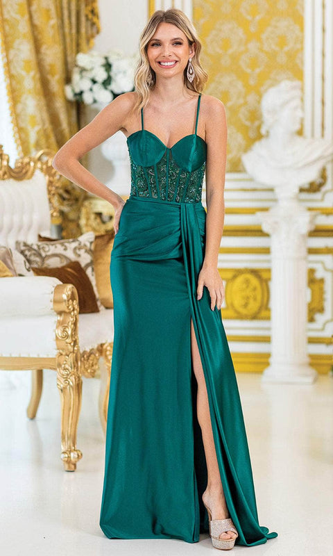 Dancing Queen 4439 - Lace-Up Sheath Gown with Slit