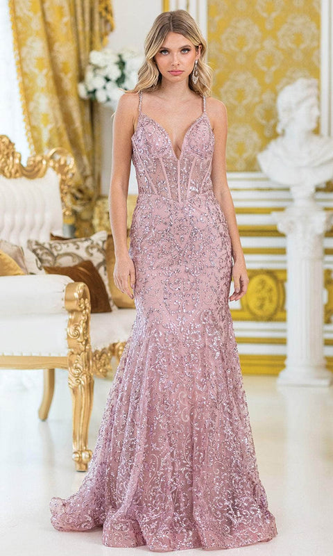 Dancing Queen 4464 - Fitted Deep V-Neck Sequined Dress