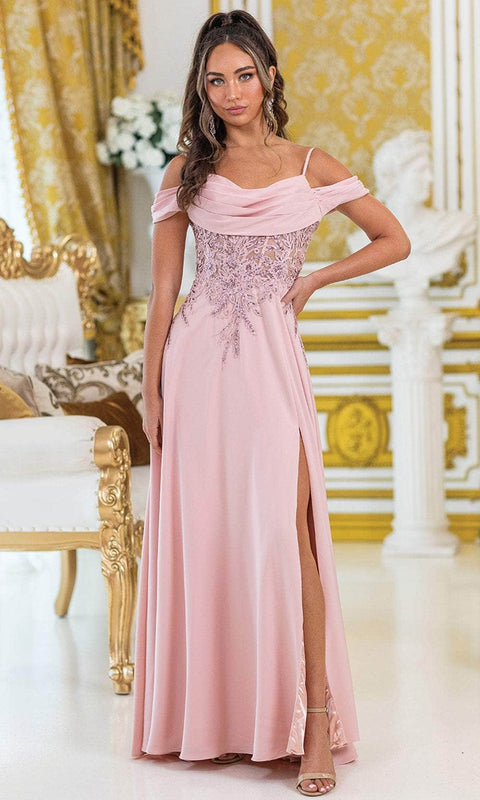 Dancing Queen 4474 - Beaded Lace Bodice Cowl Neck Gown