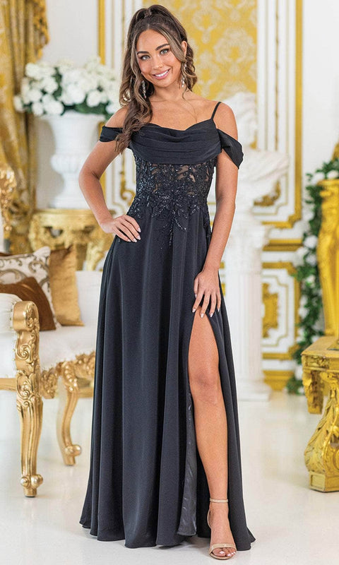 Dancing Queen 4474 - Beaded Lace Bodice Cowl Neck Gown