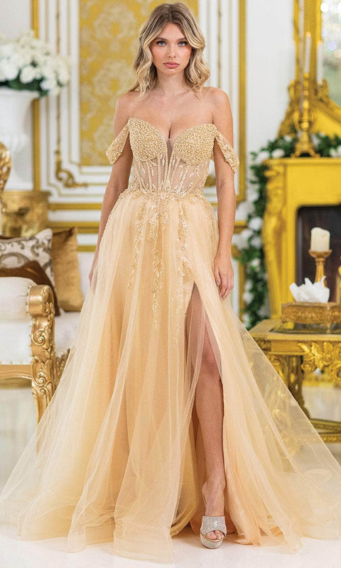Dancing Queen 4490 - Off-Shoulder High Slit Gown