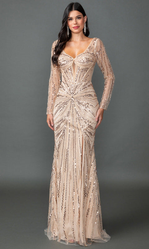Dancing Queen 4550 Long Sleeve Sequin Sheath Prom & Evening Gown