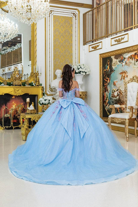 Dancing Queen 5016 - Lace-Up Floral Ballgown with Bow Accent