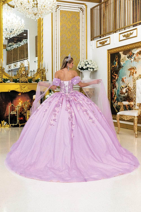 Dancing Queen 5036 - Floral Embroidered Sheer Cape Ballgown