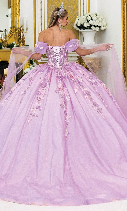 Dancing Queen 5036 - Floral Embroidered Sheer Cape Ballgown