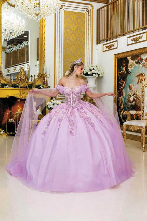 Dancing Queen 5036 - Floral Embroidered Sheer Cape Ballgown