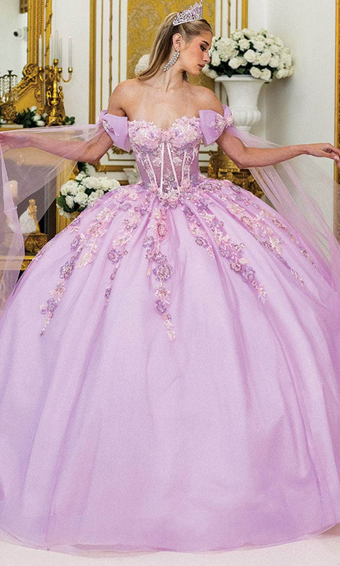 Dancing Queen 5036 - Floral Embroidered Sheer Cape Ballgown