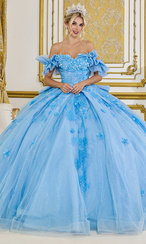 Dancing Queen 5103 3D Floral Ruffled Sleeve Tulle Quinceañera Ball Gown