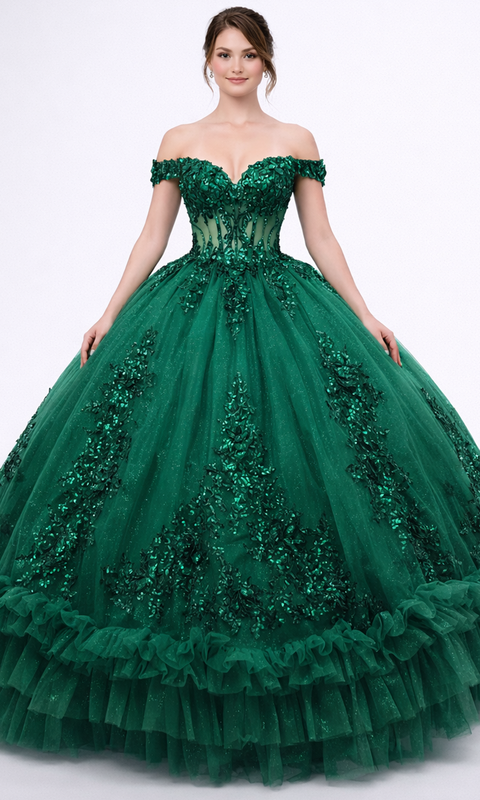 Dancing Queen 5175 Ruffled Hem Off Shoulder Sweetheart Quinceañera Ball Gown