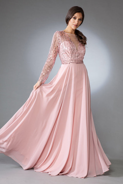 Amelia Couture 7036 Long Sleeve Gown with Embellishments and Chiffon