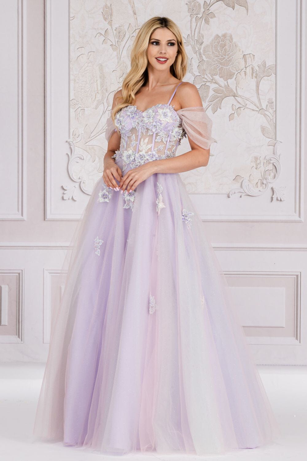 open lace back dress Amelia Couture 7044 Cold-Shoulder Gown with Embroidery– sheerdreamz