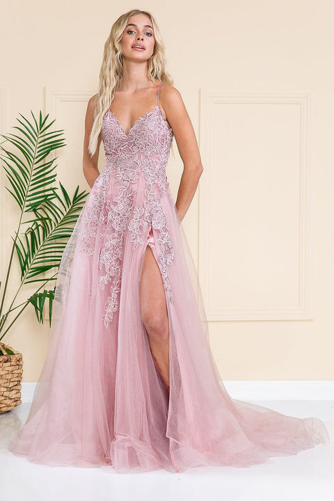 Amelia Couture BZ014 V-Neck Gown with Embroidery and Slit