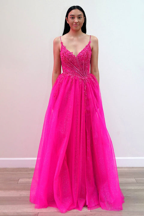 Juliet JT2618U Long V-Neck Corset Tulle Prom Dress – Fuchsia