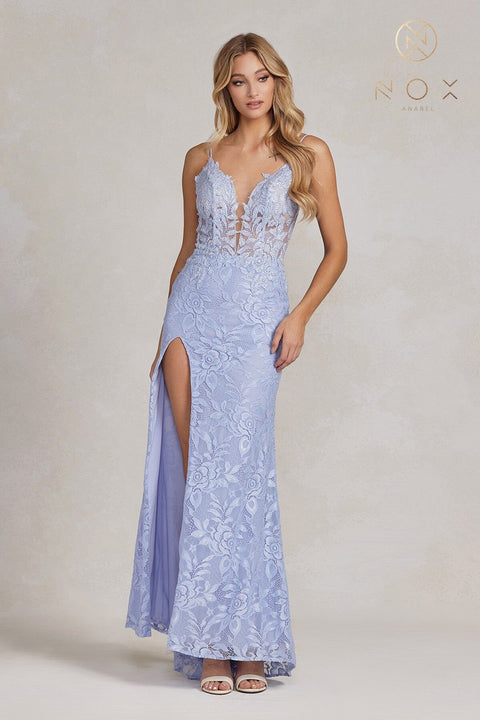 Nox Anabel Floral Lace Fitted Gown with Slit G1148