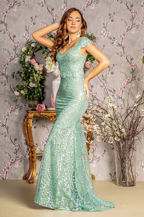 GLS Gloria GL3414 Fitted Glitter Print Short Sleeve Gown