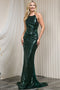 Amelia Couture 5043 Fitted Halter Gown with Sequin, Sheer Detailing, and Slit