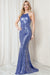 Amelia Couture 5043 Fitted Halter Gown with Sequin, Sheer Detailing, and Slit