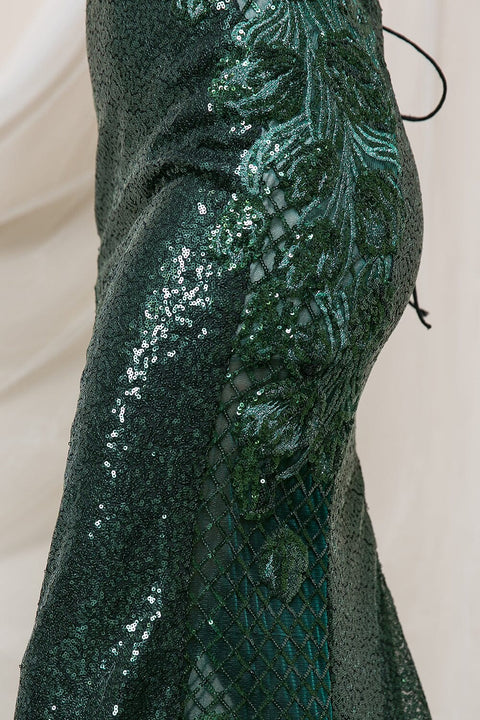 Amelia Couture 5043 Fitted Halter Gown with Sequin, Sheer Detailing, and Slit