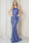 Amelia Couture 5043 Fitted Halter Gown with Sequin, Sheer Detailing, and Slit