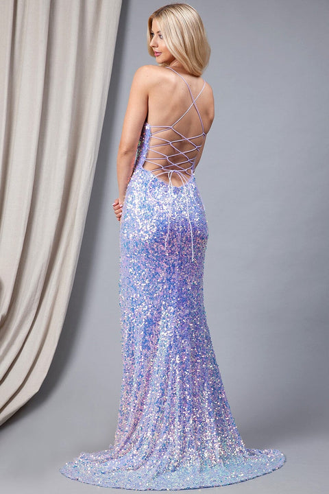 Amelia Couture 5046 Fitted Gown with Iridescent Sequins and Slit