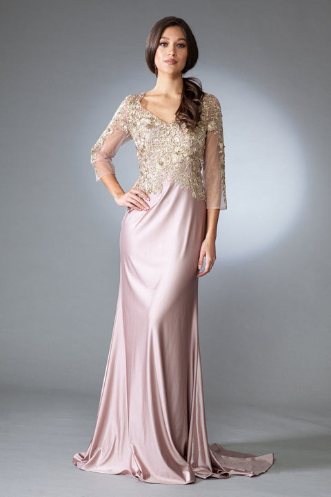 Amelia Couture 7039 3/4 Sleeve Gown with Floral Appliqué