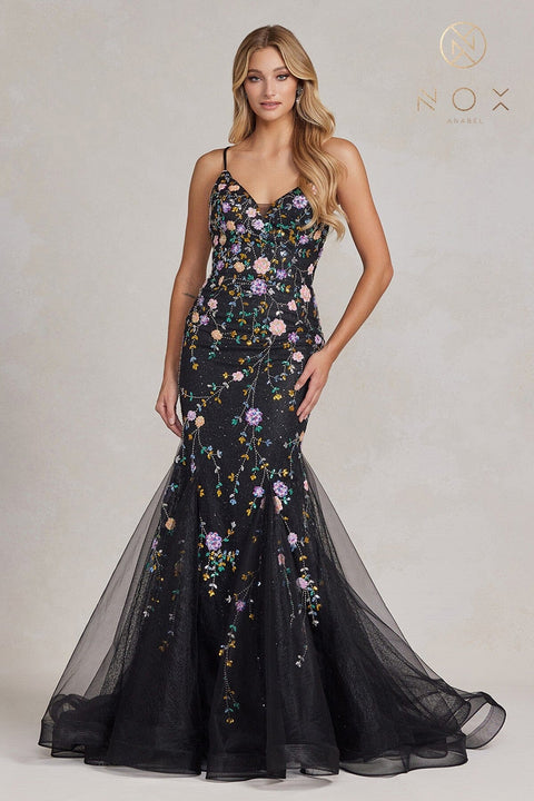 Nox Anabel Floral Beaded V-Neck Mermaid Gown C1117