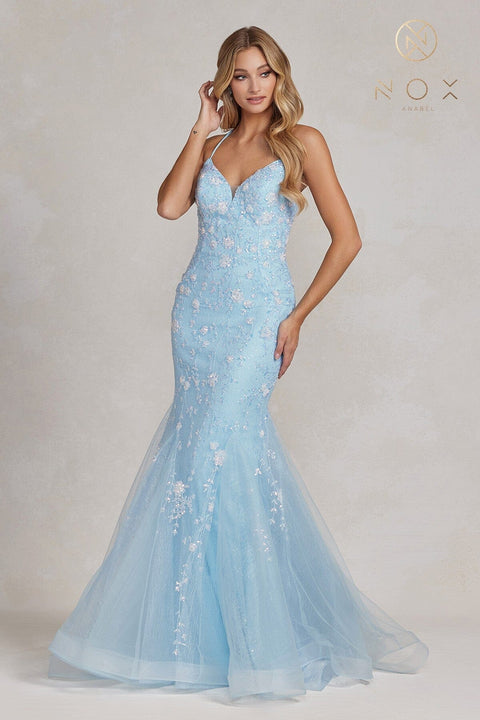 Nox Anabel Floral Beaded V-Neck Mermaid Gown C1117