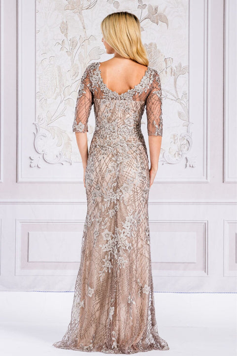 Amelia Couture 7045 Mid-Sleeve Gown with Floral Embroidery