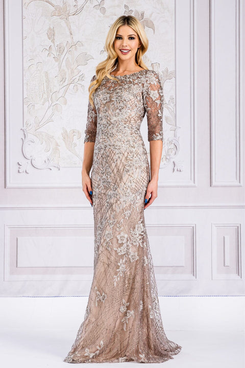 Amelia Couture 7045 Mid-Sleeve Gown with Floral Embroidery