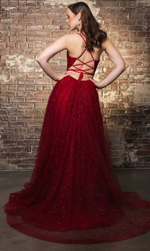 May Queen RQ8196 - Strappy Back V-Neckline Gown