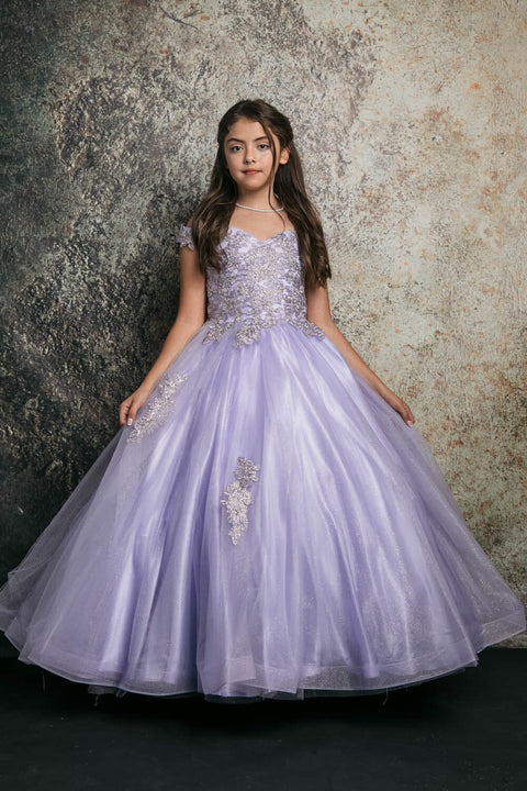 Bella Princess C338 girls applique off shoulder gown by petite adele c338 — image 1.0