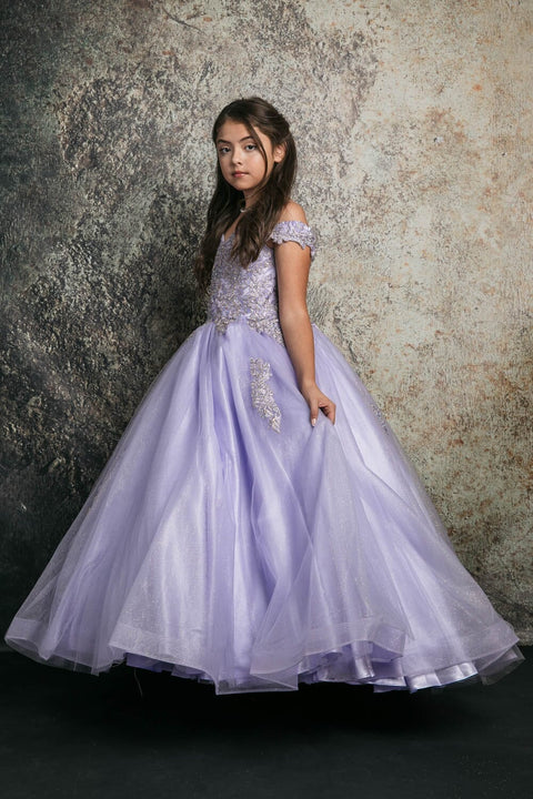 Bella Princess C338 girls applique off shoulder gown by petite adele c338 — image 5.0