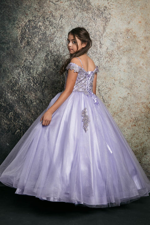 Bella Princess C338 girls applique off shoulder gown by petite adele c338 — image 2.0