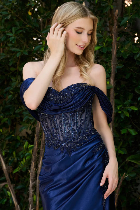 Elizabeth K GL3852 Satin Off Shoulder Slit Prom & Evening Dress