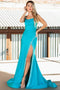 Amelia Couture 399 Fitted Glitter Gown with Cowl Neck and Slit