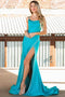 Amelia Couture 399 Fitted Glitter Gown with Cowl Neck and Slit