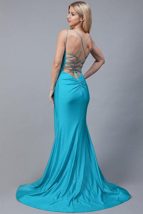 Amelia Couture 399 Fitted Glitter Gown with Cowl Neck and Slit