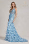 Nox Anabel Glitter Print Feather Mermaid Gown C1111